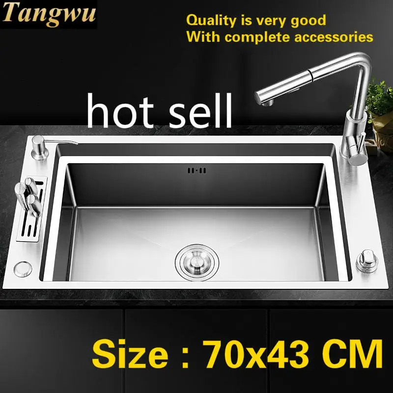 Free shipping  Luxury kitchen manual sink single trough push-button drainer 304 food grade stainless steel hot sell  700x430 MM