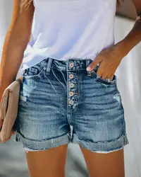 Hot sale woman summer denim shorts casual high waist curled jeans shorts fashion Ripped shorts XS-XL Drop shipping
