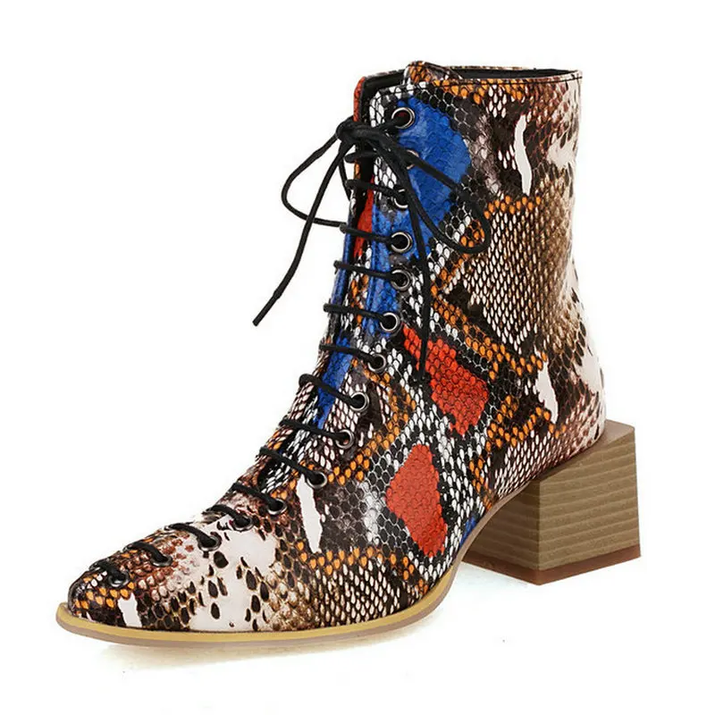 2021 PU Leather Women Ankle Boots Comfortable Square Heel Round Toe Ladies Lace Up Boots Snake Print Fall Winter Women\'s Boots