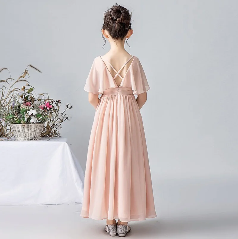 Robes à fleurs en mousseline de soie pour filles, tenue de soirée, de mariage, d'anniversaire, à manches cape, de spectacle, de demoiselle d'honneur, pour enfants