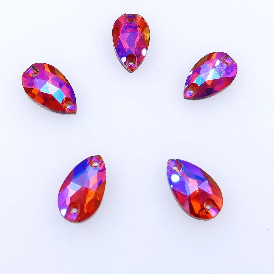 AB Farben Schlanke Wassertropfenform Glaskristalle mit Flacher Rückseite Zwei Löcher 5 Größen Kristalle zum Aufnähen auf Kleidung Schuhe Hochzeitskleid DIY – Detail 9