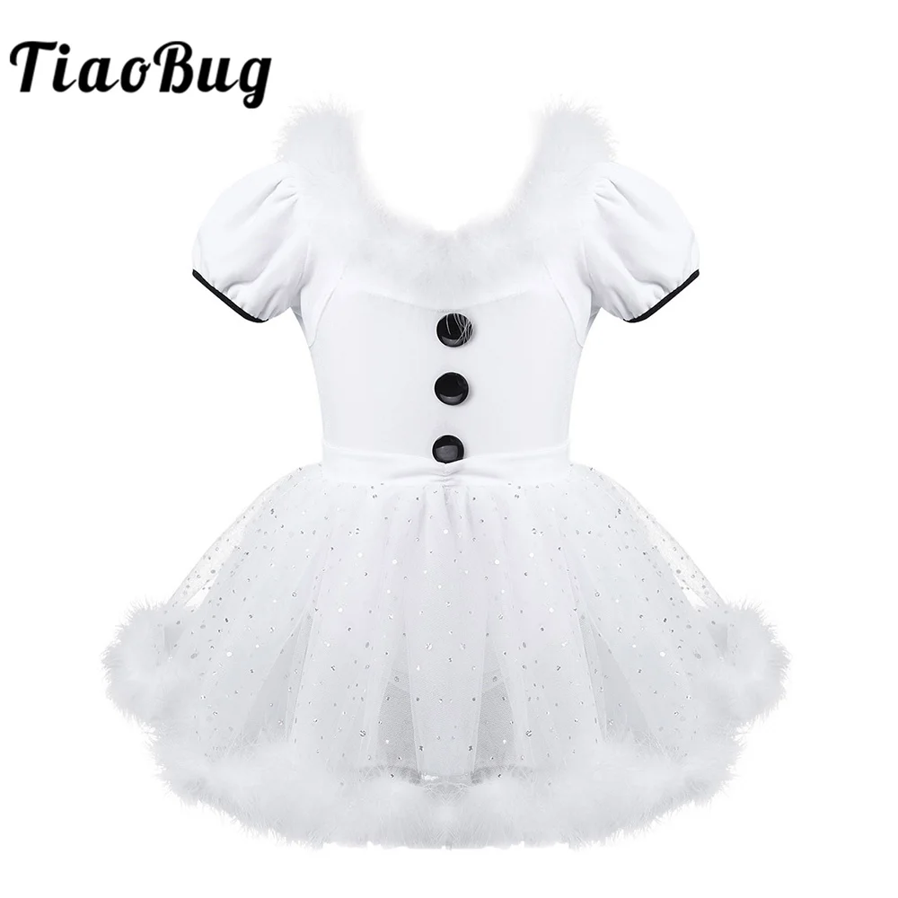 TiaoBug Kids Girls Christmas Swan Dance Costume White Feather Short Sleeve Sequins Mesh Tutu Ballet Leotard Figure Skating Dress