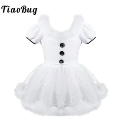 TiaoBug Kids Girls Christmas Swan Dance Costume White Feather Short Sleeve Sequins Mesh Tutu Ballet Leotard Figure Skating Dress