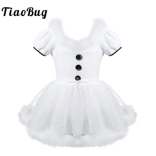 TiaoBug niños niñas Navidad traje de baile de cisne pluma blanca manga corta lentejuelas malla tutú Ballet leotardo vestido de patinaje artístico