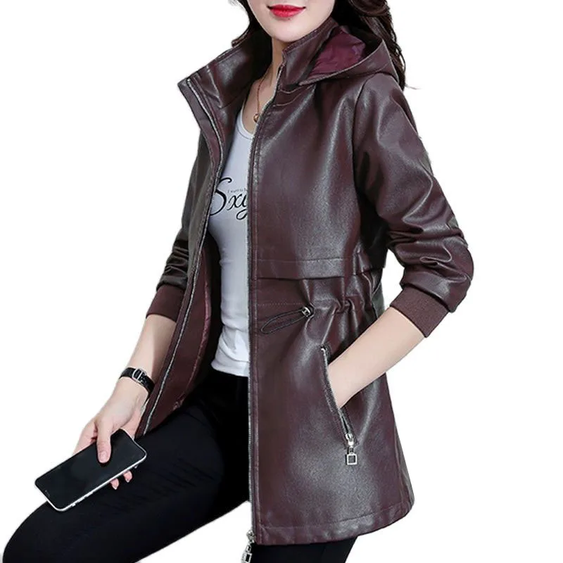 Women Large Size PU Leather Jacket 20201Autumn Winter Hooded Faux leather Coat Female Winter Add Velvet Warm Coats 4XLC1609