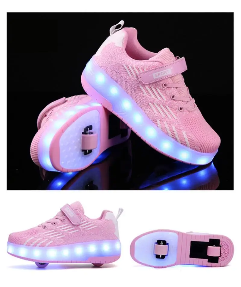 Children's Inine Roller Skates Sneaker Shoes, Flash LED Light Frame, Breathable USB Sneakers ,Girls and Boys, 5 - 14 Years Old