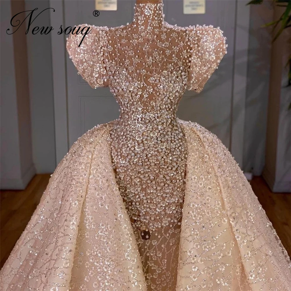 Handmade Pearls Bridal Gowns Wedding Dresses 2021 Remove Skirt Vestido De Noiva Dubai Haute Beads Lace Bride Dress Saudi Arabia