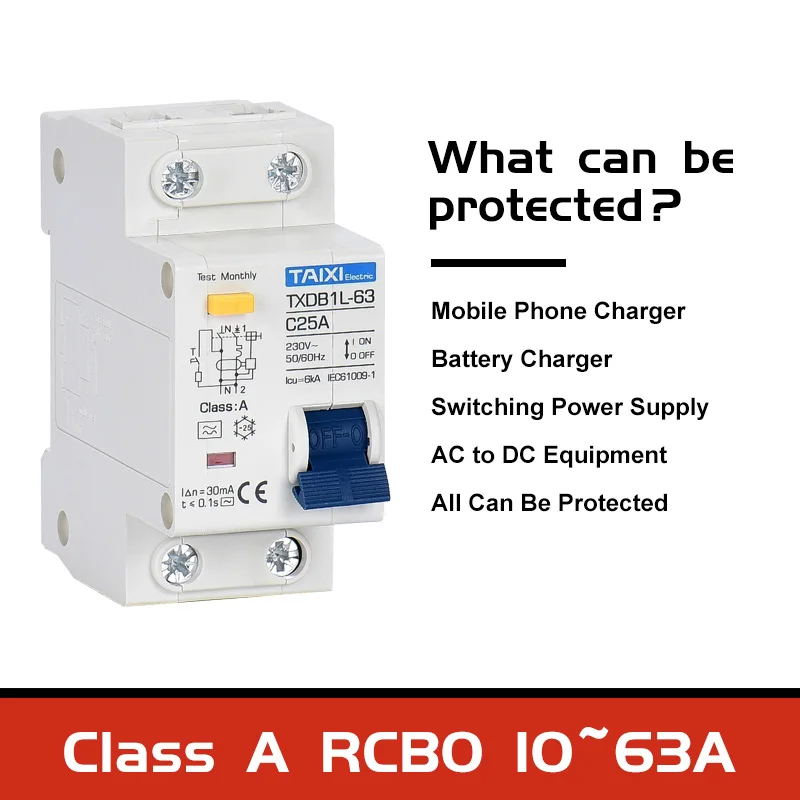 Type A  AC CLASS Rcbo 110V 220V RCCB 10A 20A 40A 50A 63A 30mA Residual Current Circuit Breaker Leakage WIth Overload Protection