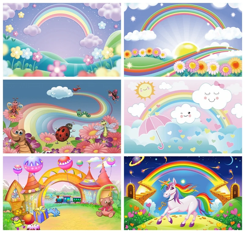 Laeacco Rainbow Garden Backdrop For Photography Baby Cartoon Insect World Flower Newborn Baby Birthday Party Photo Background