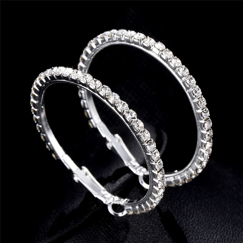 Hot 20-60mm Large Circle Crystal Hoop Earrings for Women Silver Color Fashion Round Shiny CZ Big Earring Jewelry Party Gift