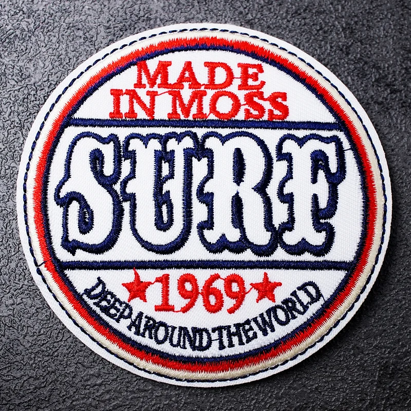 SURF Size:8.1x8.3cm Cloth Patch Embroidered Applique Sewing Clothes Apparel Accessories Badges Circular White