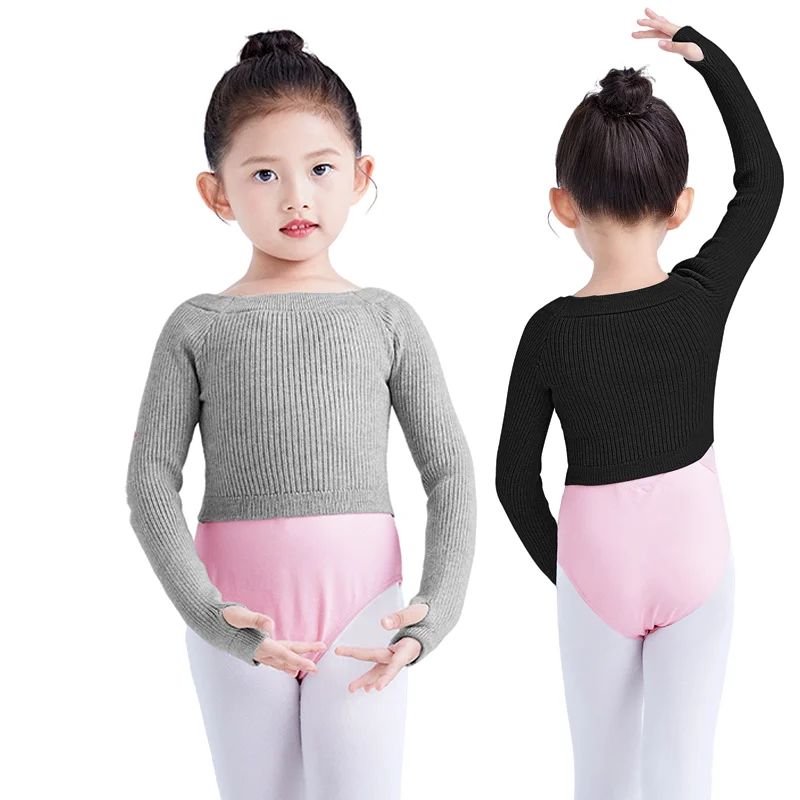 Girls Ballet Dance Top Long Sleeve Knitted Cardigan Sweater Pullover Cropped Sweater With Finger Hole Soft Warm Up for Leotards