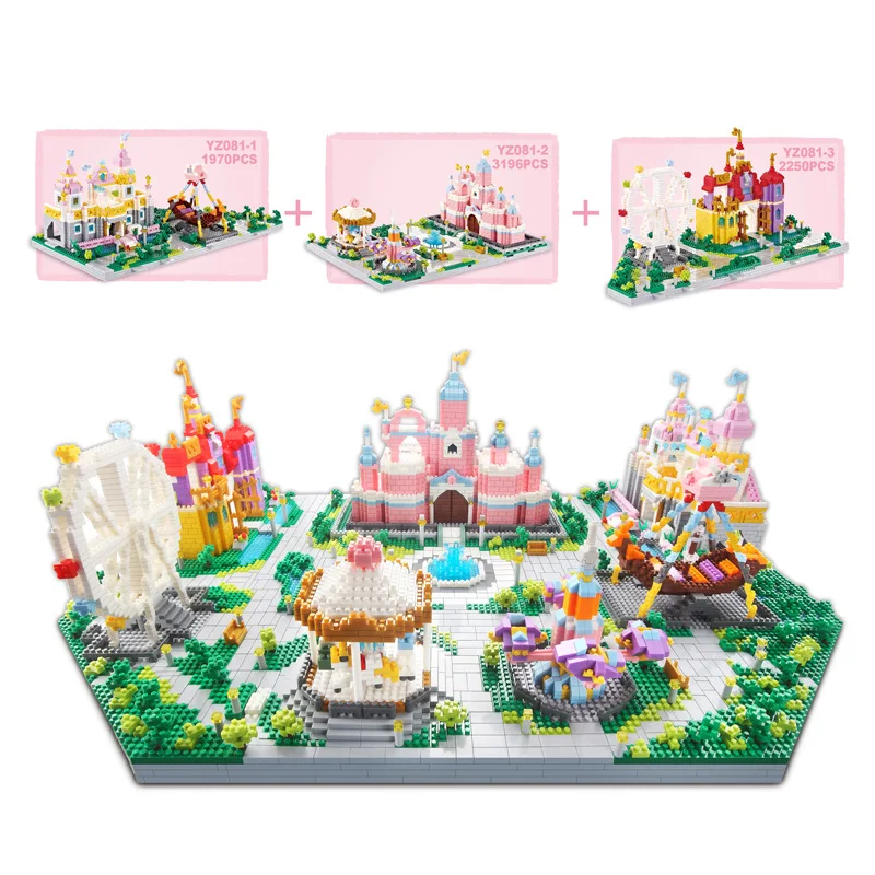 

Amusement Park Micro Diamond Block Fairy Tale Princess Castle Pink Pirate Ship Ferris Wheel Merry-go-round Brick Toy Nanobricks