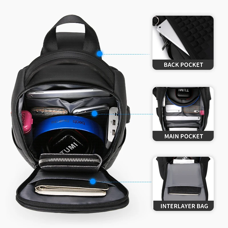 Fenruien Multifunction Crossbody Bags Men USB Charging Chest Pack Short Trip Messengers Chest Bag Water Repellent Shoulder Bag