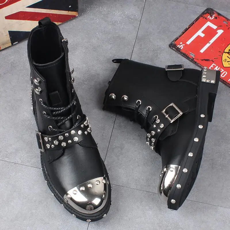 High-quality men\'s leather boots riveted metal ankle boots trendy punk styleZapatos Hombre