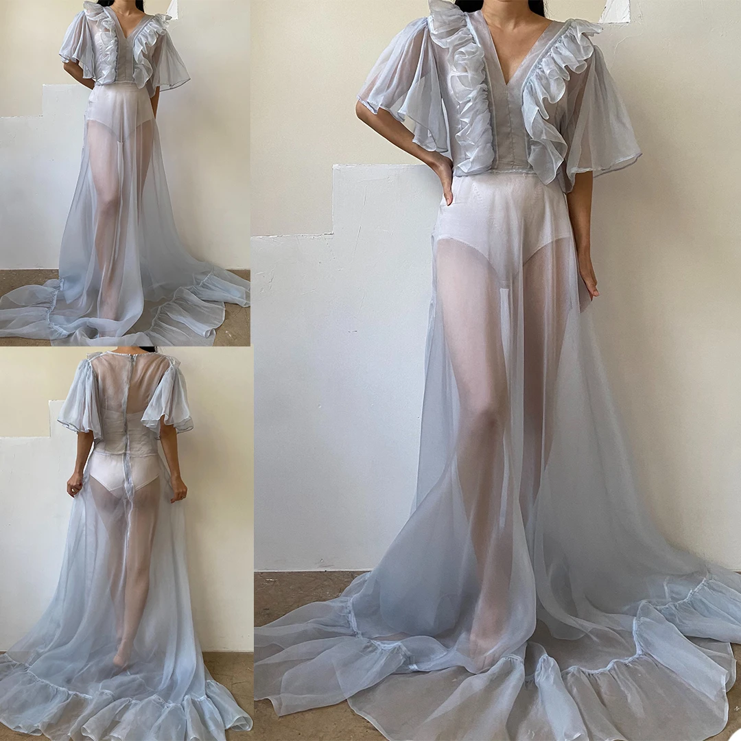 

Summer See Through Robes Women's Prom Dresses Lace Chiffon V Neck Birthday Party Bridal Fluffy Party Gowns Custom Made