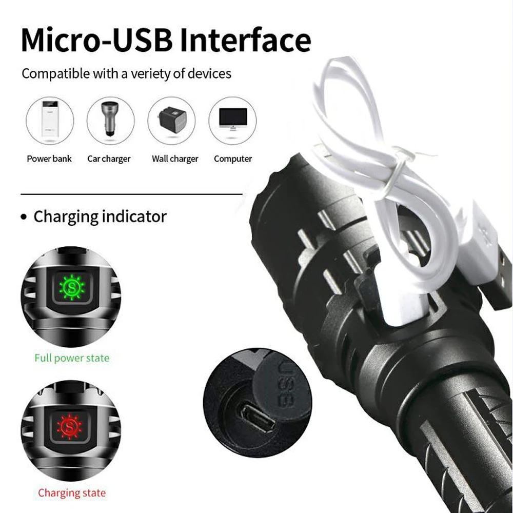 White/Green/Red Tactical Flashlight 5 Modes USB Rechargeabl Flashlight with Pressure Switch Mount Hunting Torch Rifle Gun