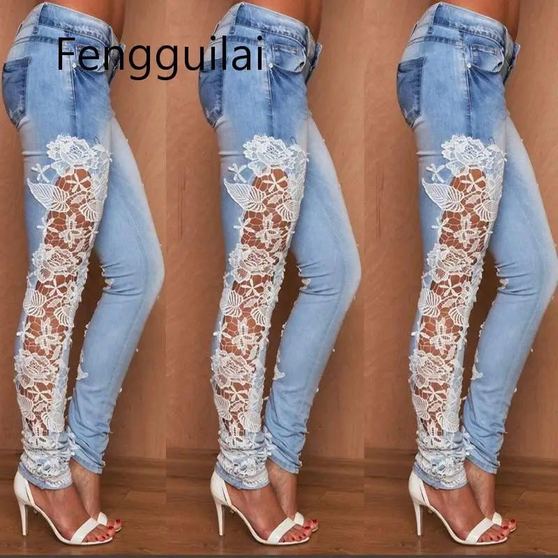 2020 Autumn Women Elegant Sexy Denim Pencil Skinny Jeans Female Fashion  3XL XXXL Lace Floral Crochet Hollow-Out Jeans