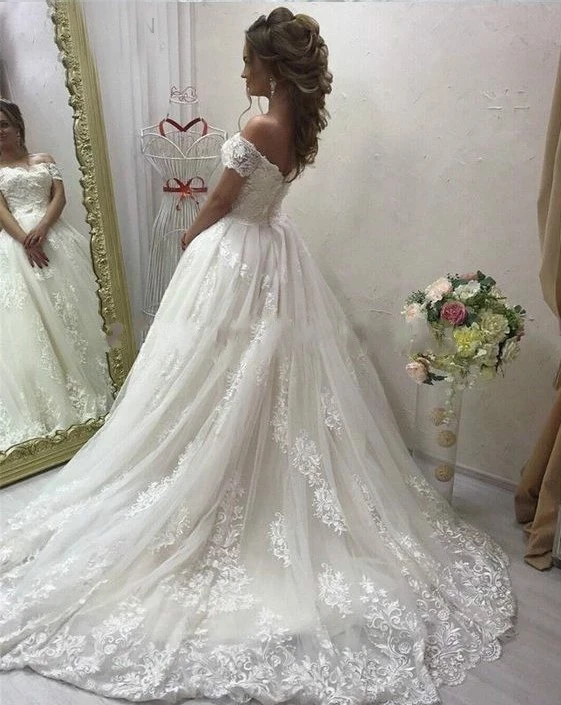 Cheap Off-Shoulder Ball Gown Wedding Dresses Vestido de noiva Vintage Applique Court Train Luxury Bridal Gown Plus Size