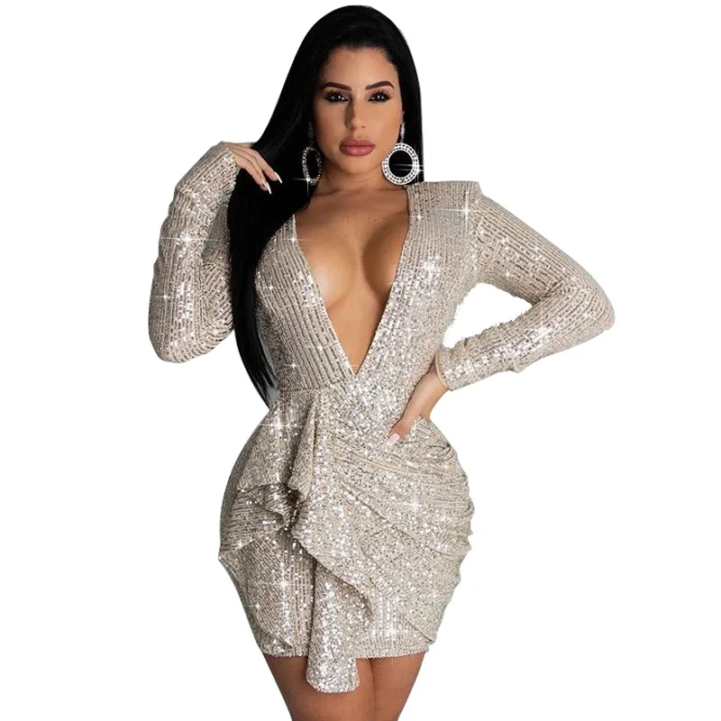 Hot Sale Short Evening Dresses Glitter Sequin Sexy V Neck Long Sleeves Tuxedo Blazer Gowns Girl Fashion Gown Party Wear In Stock