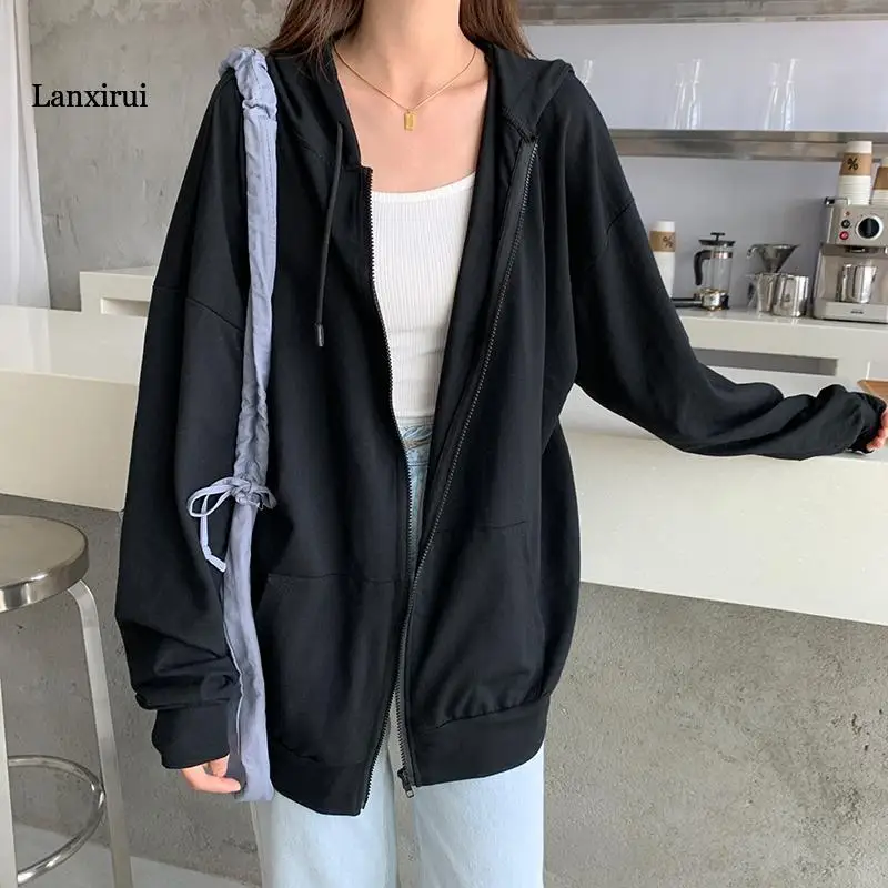 

Harajuku Korean version loose thin long-sleeved hooded sun protection coat solid color retro shirt student girl top