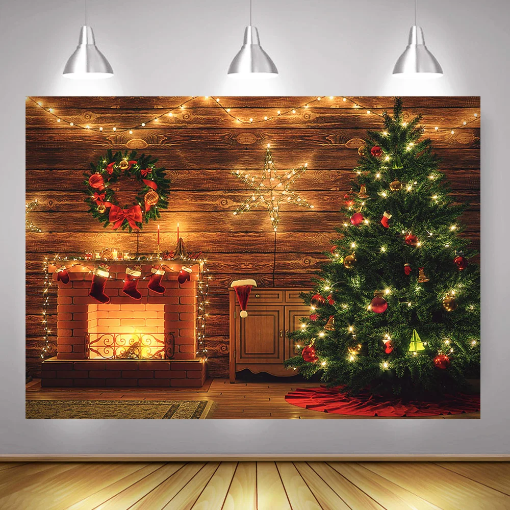 

Christmas Fireplace Backdrop Photocall Christmas Tree Sock Green Wreath Background Rustic Wood Light Winter Portrait Photography