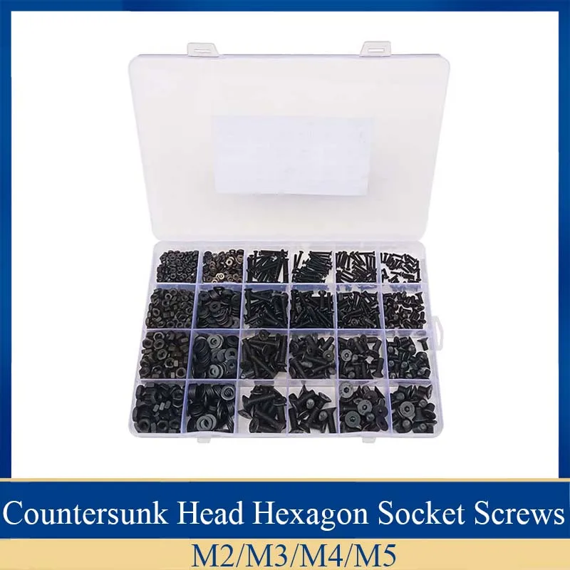 

1220pcs/Set M2 M3 M4 M5 black high-strength countersunk head hexagon socket screws with nuts flat washer kit