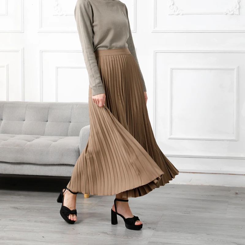 Women\'s High-Quality Pleated Skirt with Chiffon Liner High Waist Side Zipper Twill Long Skirts For Women 2024 Autumn SK946