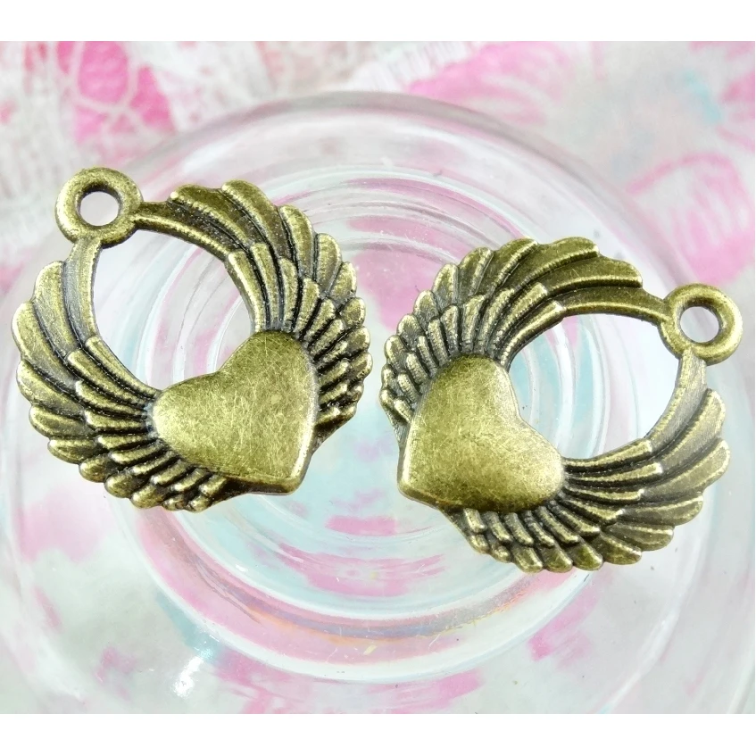 

50pcs Antique Bronze Color Angel Wings Heart Charms Pendants For DIY Jewelry Making Necklace Findings