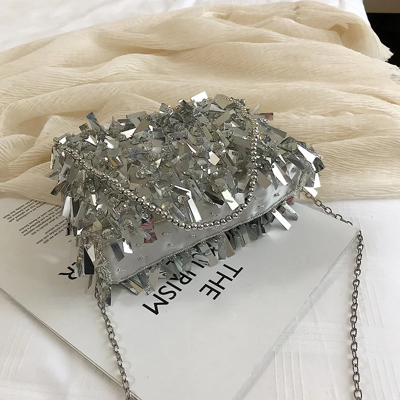 Silver Sequin Rhinestone Tassel Women Small Crossbody Bags Handmade Beaded Ladies Party Evening Clutch Purse Fashion Handbags