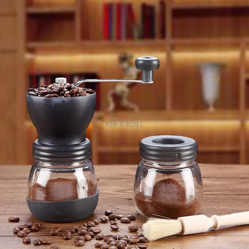 Hand Manual Coffee Grinder Mill For Home Office Ceramic Millstone With 2 Glass Sealed Pots Portable Coffee Mill Easy Cleaning