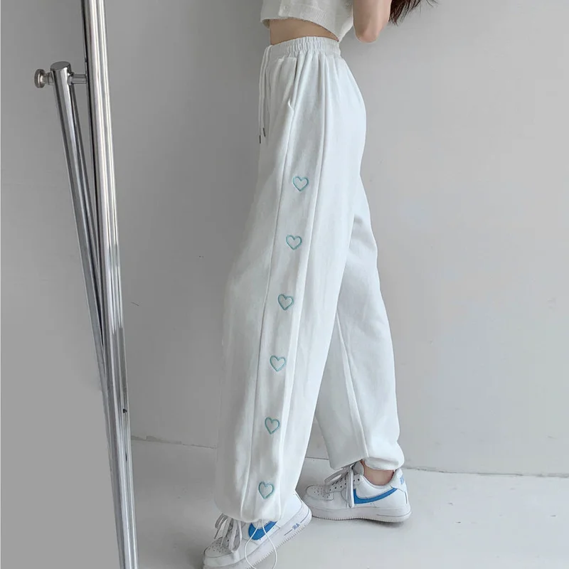 Wide Leg Pants Women Baggiest Harajuku Femme Streetwear Joggers Heart-Stitch Aesthetic Drawstring Pantalones Loose Soft Trendy