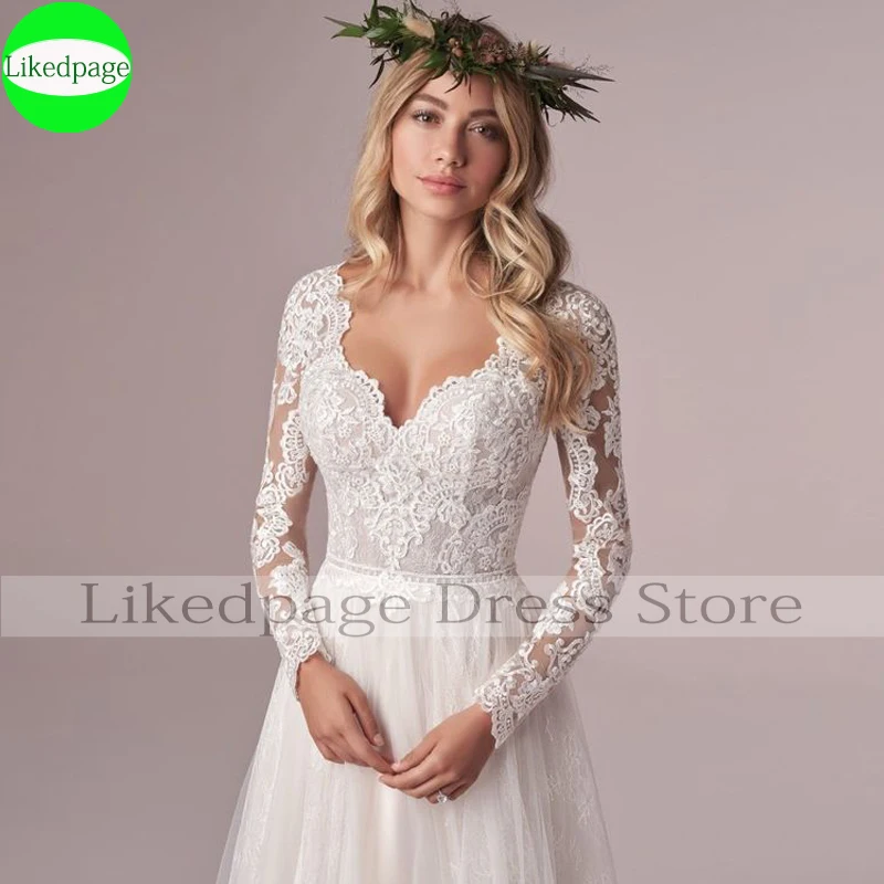 Abito da sposa manica lunga 2021Boho Vestido De Novia elegante Appliques di pizzo Robe Mariage Plus Size Trouwjurk Sukienka Na Wesele