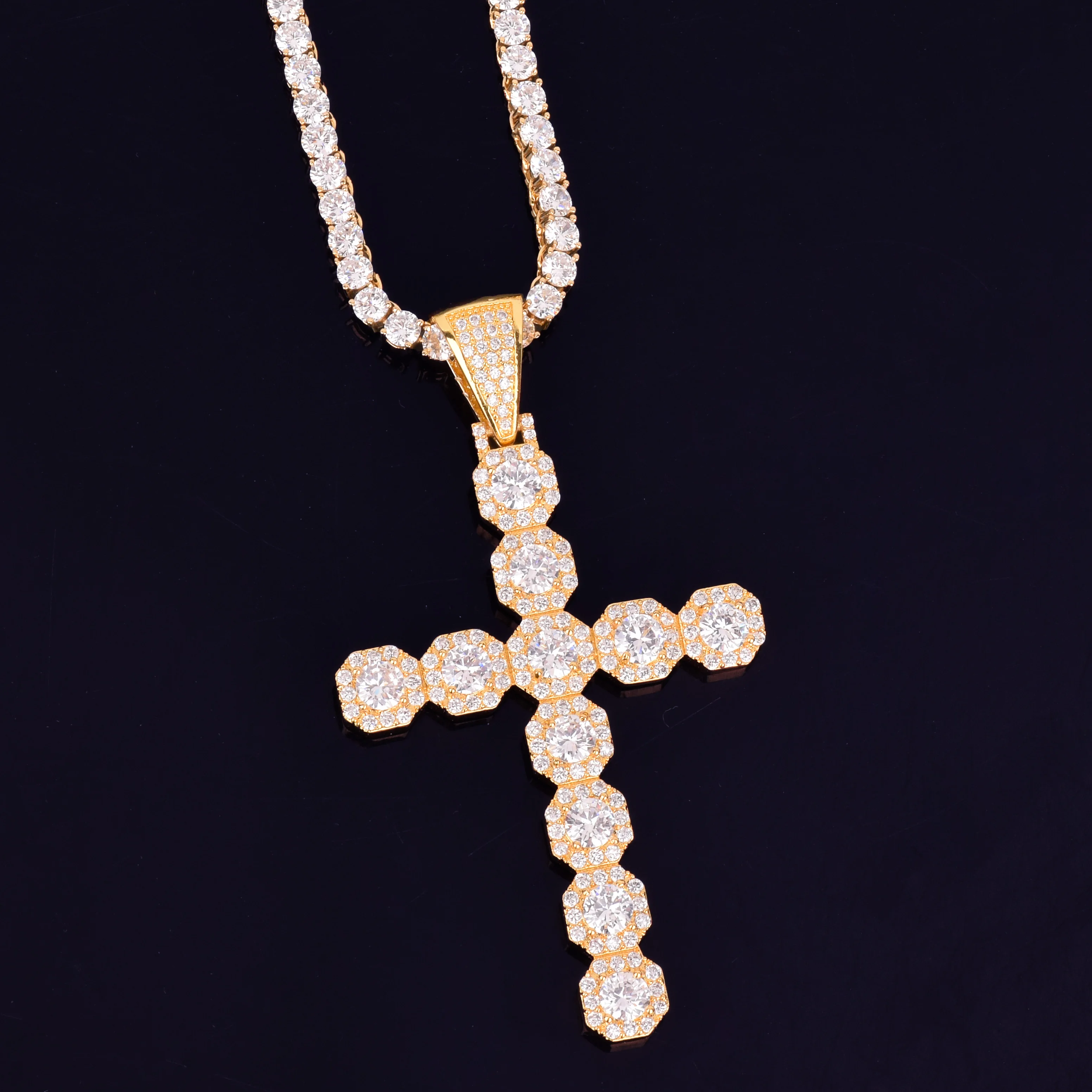 Bubble Letter Cross Necklace & Pendant Gold Color AAA Cubic Zircon Men\'s Hip Hop Rock Jewelry