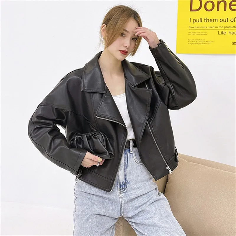 Autumn Korean Short Faux PU Leather Jacket Coffee Color Beige Black Loose Casual Lapel Long Sleeve Biker Jacket Mujer Chaqueta