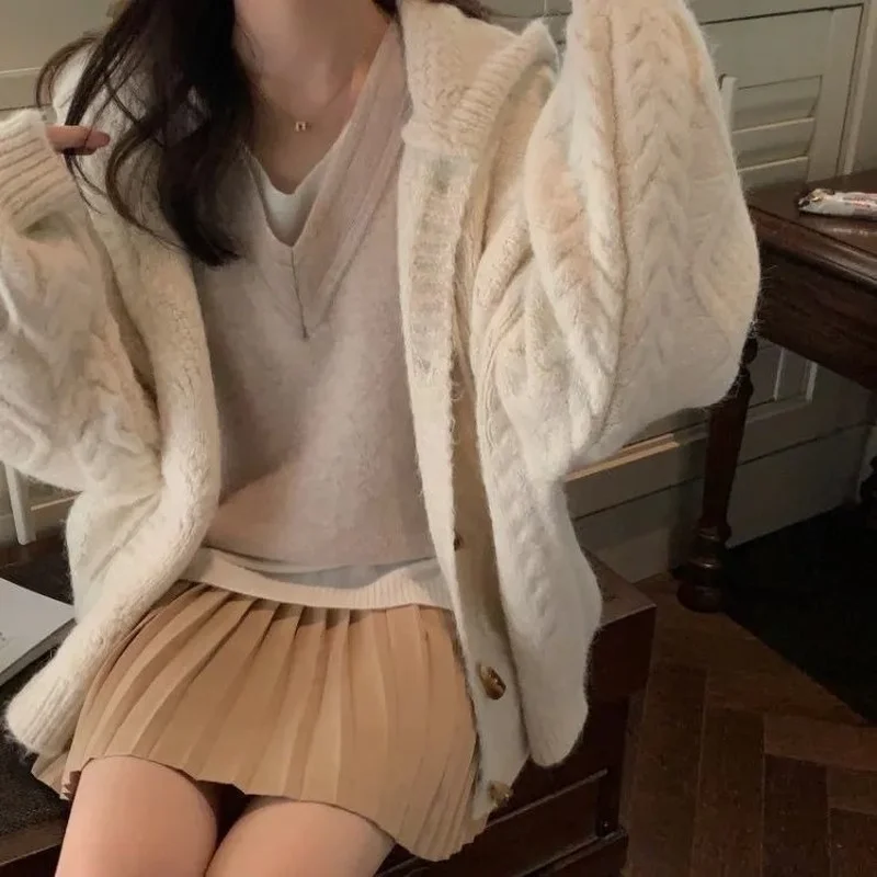 Women Hooded Cardigans Horn Button Vintage Gentle Twist Sweaters LeisurePreppy Soft High Quality Lazy Glutinous Sueter Mujer