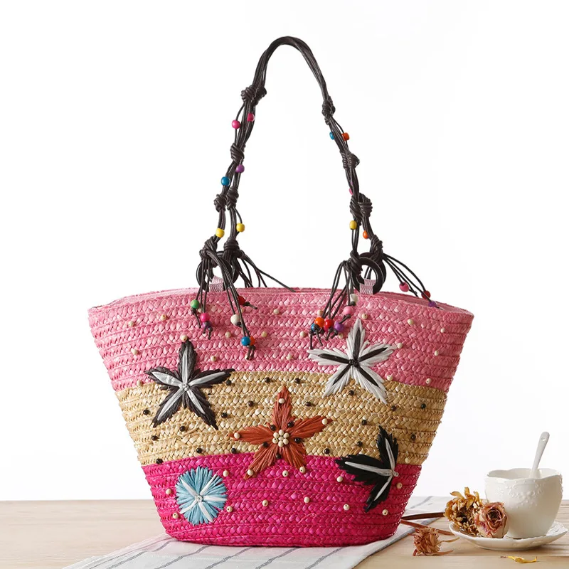 Bohemian Hand-embroidered Starfish Straw Bags Beaded Wicker Woven Women Shoulder Bag Rattan Handbag Summer Beach Large Tote 2021