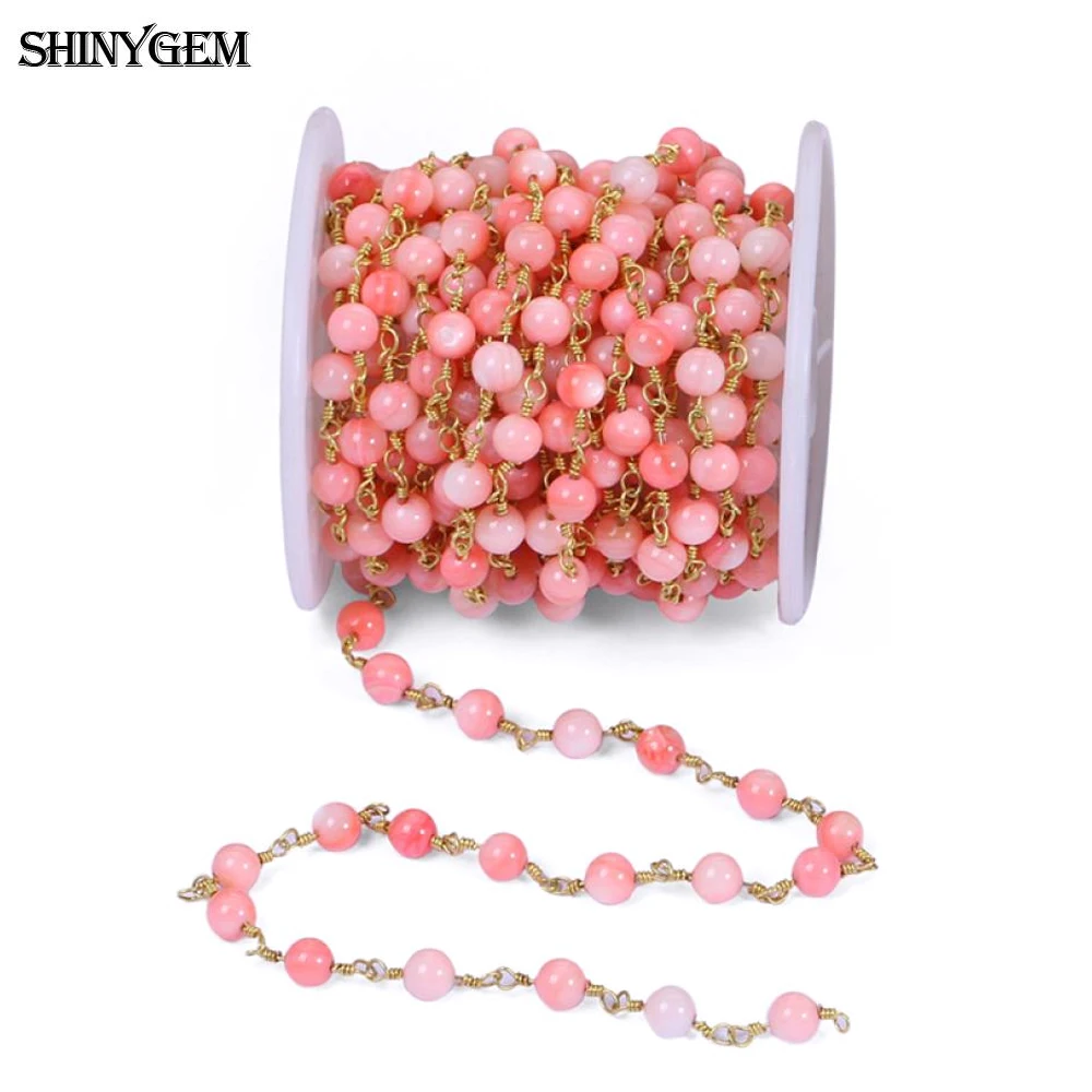 ShinyGem 4mm/6mm Agate/Jade Bead Chain For DIY Jewelry Making 24K Gold Plated Link Chain Natural Stone Rosary Wholesale 5M/Lot