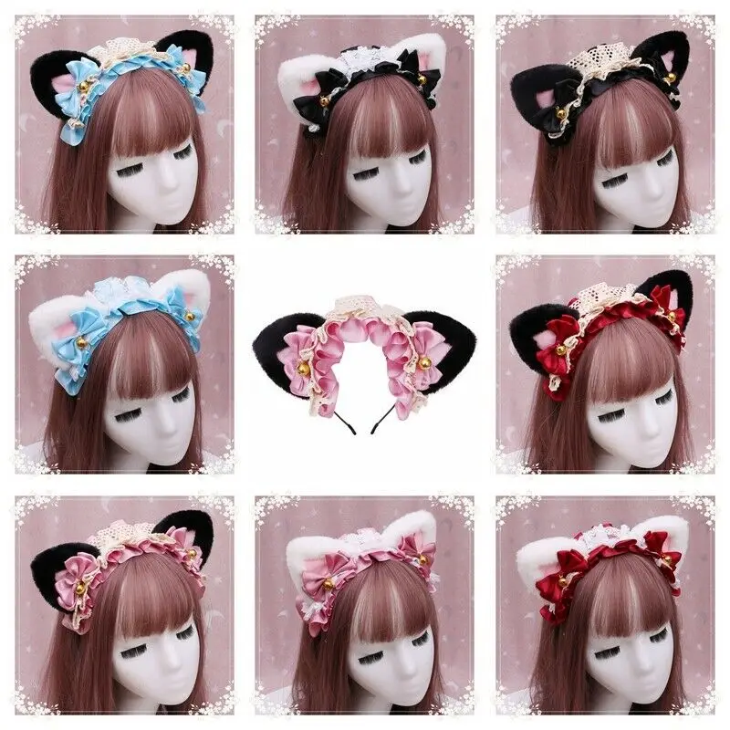 Girls Lolita Headband Furry Cat Ear Bow Tie Lace Ribbon Headdress Bowknot Hairpin Kawaii Cosplay Halloween Hair Accessories