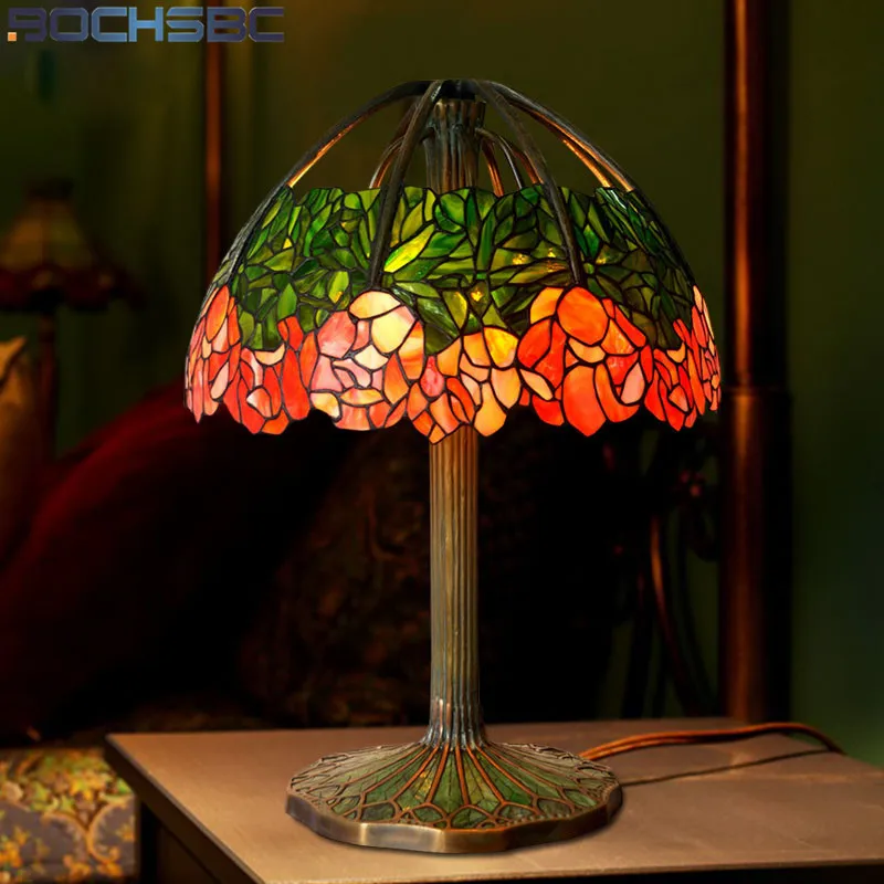 BOCHSBC Tiffany Style Art Decor Table Lamp  Pure Copper Lotus Stained Glass Creative Luxury For Living Room Study Office