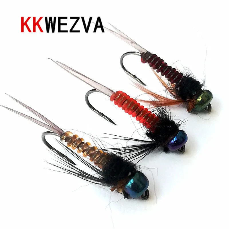 KKWEZVA 18PCS Color Head Fast Sinking Nymph Scud Fly Bug Worm for Trout Fishing Artificial Insect Bait Lure Fishing Bait