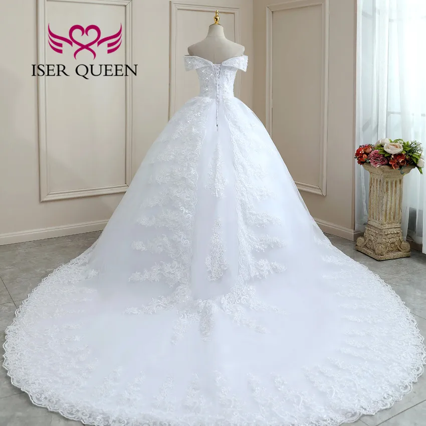 คริสตัลลูกปัดลูกไม้ที่กําหนดเองเจ้าหญิงงานแต่งงานชุดหมวกแขน Appliques Chapel Train ชุดแต่งงาน WX0261