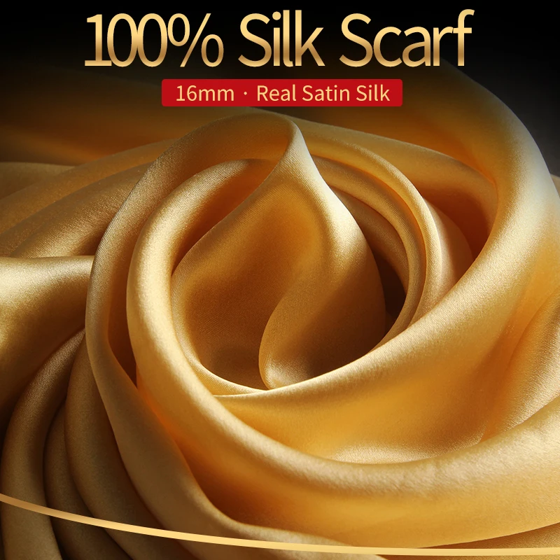 Lenço de seda amarela para mulheres Hangzhou, 100% seda real, foulard cetim, xales femininos, lenços naturais longos, 16mm