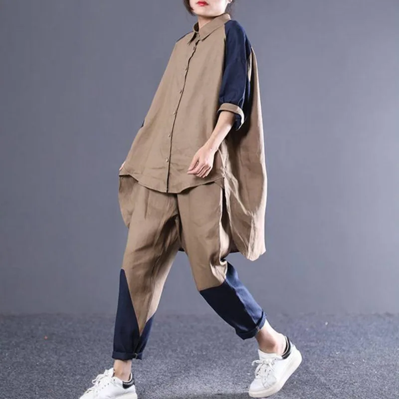 Spring Summer Pants Suit Korean Loose Matching Cotton Linen Asymmetric Shirt Leisure Two Piece Set Tracksuit Womens Half Sleeve