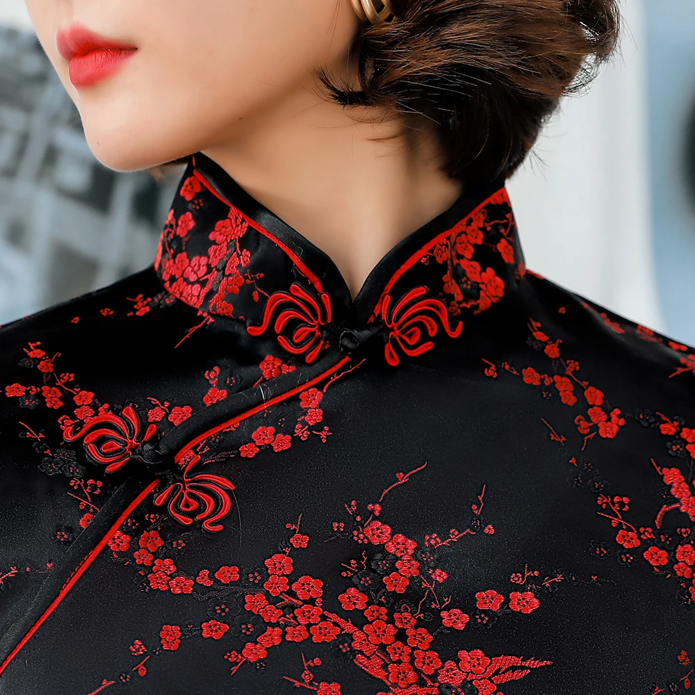 Exquisite Satin Women Dress Sexy Slim Mini Qipao Vintage Classic Plus Size Cheongsam Chinese Traditional Flower Vestidos