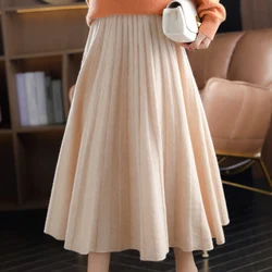 2024 AutumnWinter New Pure Cashmere High-Waist Pleated Long Skirt 100%Wool Women Knit Pack Hip Skirt A-Line Large Umbrella Skirt