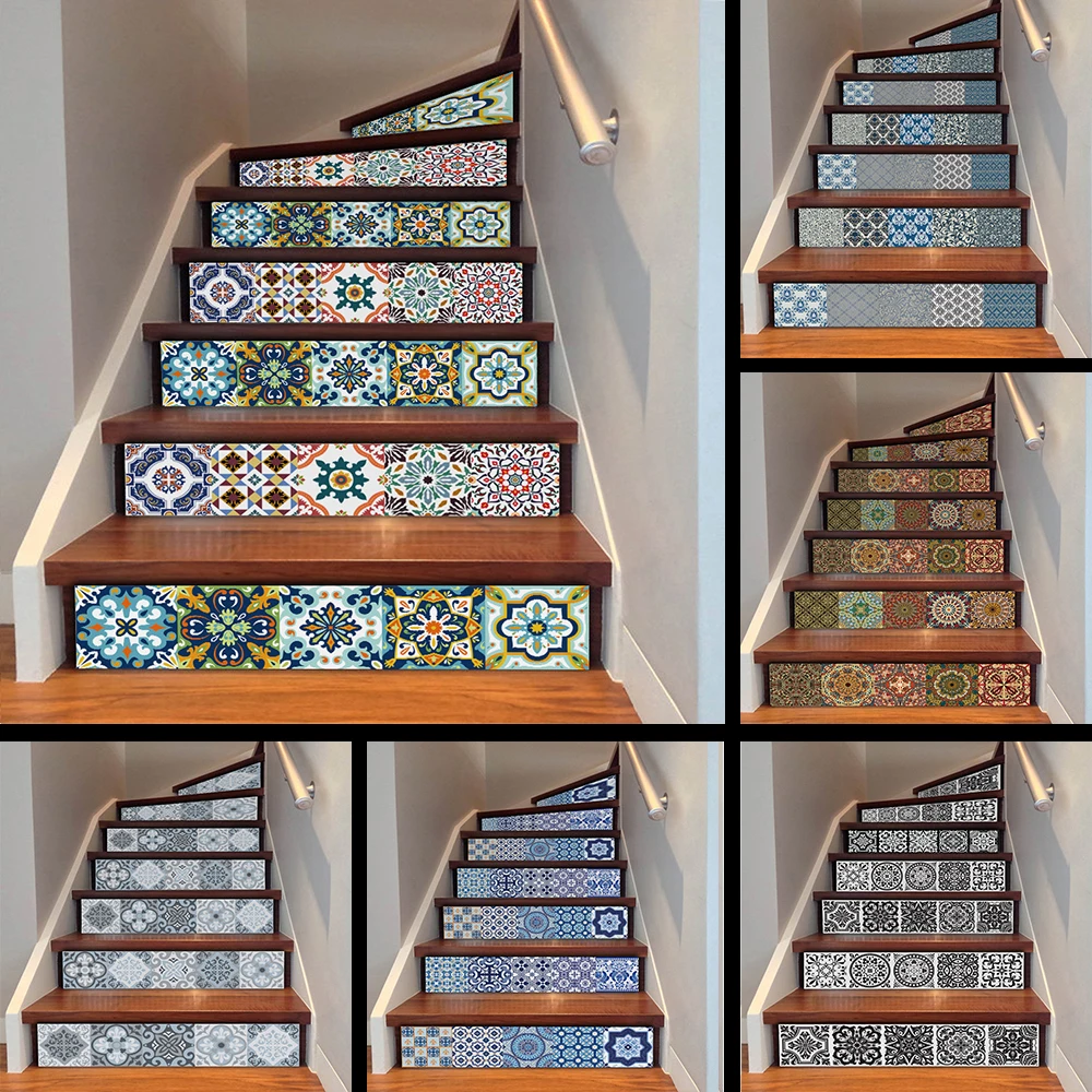 

6pcs Self-adhesive 3D Stair Sticker Morocco Staircase Stair Riser Floor Sticker DIY Waterproof Removable PVC Stairway Mural