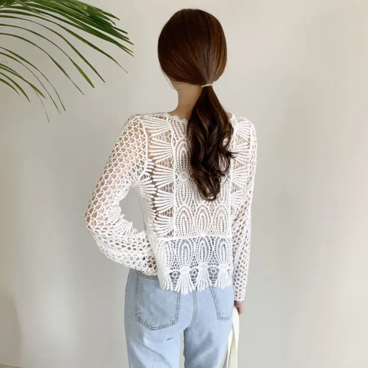 Shawl Summer Dress White Long Sleeve Top Hollow Mesh Mesh Shirt Knitted Blouse Lace Blouse for Women