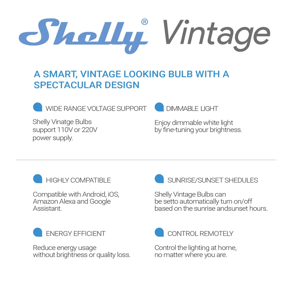 Shelly Vintage G125 2700K Smart Bulb Control RGB Smart Light Bulb Dimmable E27 WiFi LED Magic Lamp AC 220~240V Work with