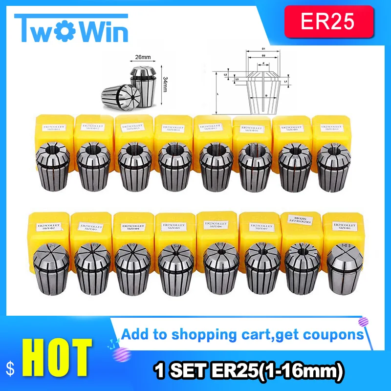 

16pcs ER25 Spring Collet Chuck Set CNC Milling Collet Chuck ER25 Collect Set CNC Milling Lathe from 1mm to 16mm